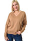 Potre Damen Langarm Pullover mit V-Ausschnitt Coffee