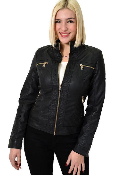 Potre Women's Short Biker Artificial Leather Jacket for Winter BLACK