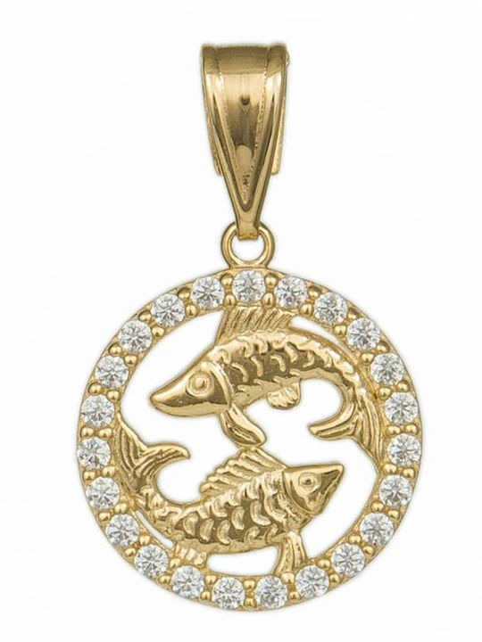 Риби Charm Зодиакален Знак Риби от Жълто Злато 14 Карата с Зиркон