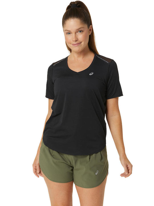 ASICS Damen Sport T-Shirt mit V-Ausschnitt BLK