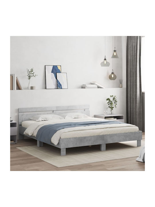 Bed Queen Wooden Grey Concrete with Slats for Mattress 160x200cm