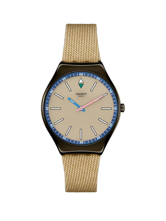 Swatch Ρολόι Μπαταρίας με Χρυσό Υφασμάτινο Λουράκι