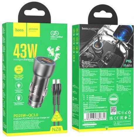 Hoco NZ8 Автомобилен Зарядно Устройство 25W Бързо Зареждане с Портове 1xUSB-A 1xType-C с Lightning Кабел Кафяв Цвят