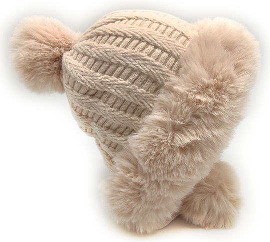Pom Pom Beanie Frauen Fleece Beanie Gestrickt in Beige Farbe