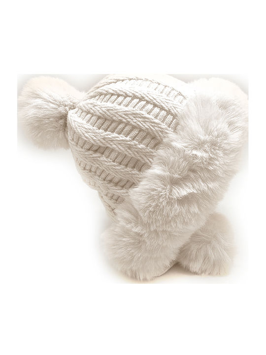 Pom Pom Beanie Γυναικείος Fleece Σκούφος Πλεκτός σε Λευκό χρώμα