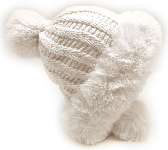 Pom Pom Beanie Γυναικείος Fleece Σκούφος Πλεκτός σε Λευκό χρώμα