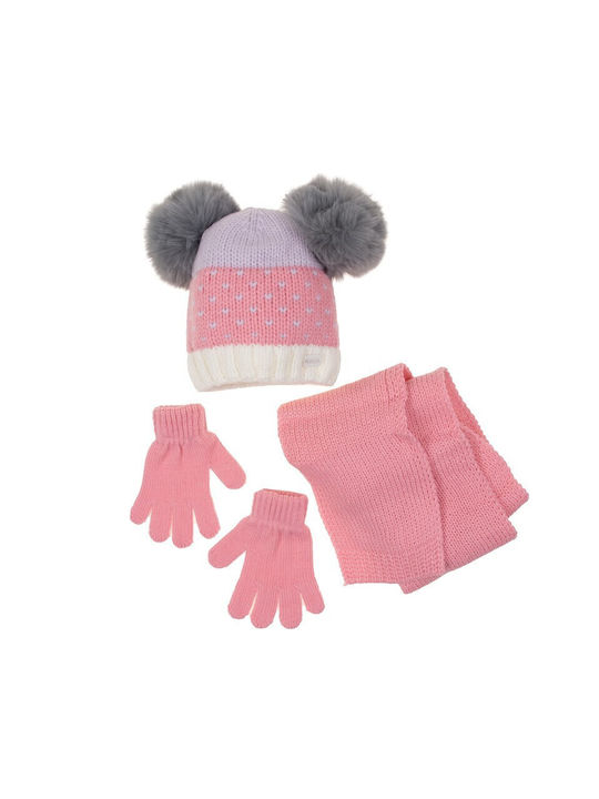 Kitti Kinder Mütze Set mit Handschuhe Gestrickt Pink-Grey
