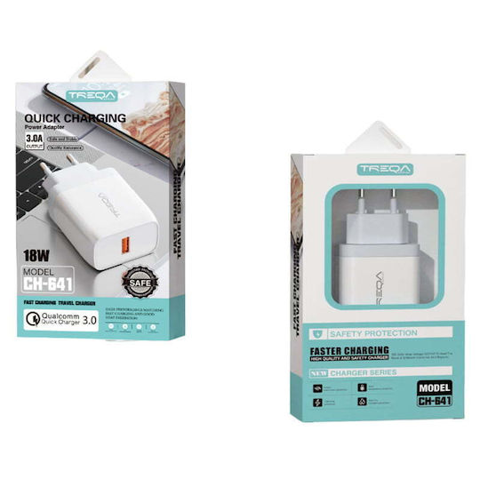 Treqa Ladegerät ohne Kabel mit USB-A Anschluss 18W Schnellaufladung 3.0 Weißs (CH-641)