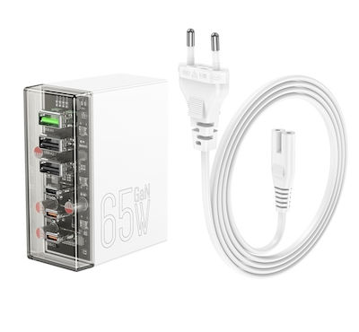 Hoco Ladestation mit 3 USB-A Anschlüsse und 3 USB-C Anschlüsse 65W Stromlieferung / Schnellaufladung 3.0 in Weiß Farbe (N36)