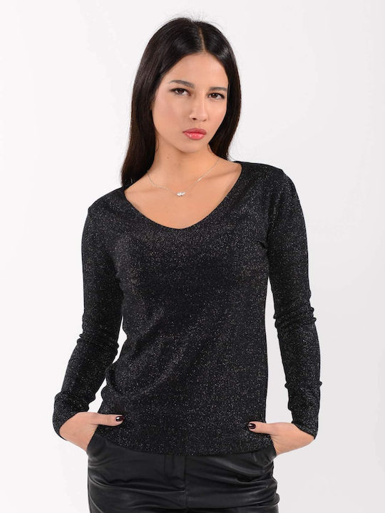 Doretta Women's Long Sleeve Sweater with V Neckline Polka Dot Black