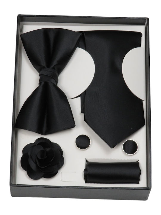 Privato 002 Geschenkset - Krawatte, Einstecktuch, Manschettenknöpfe, Fliege - Schwarze Blume