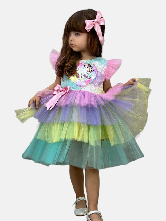 Παιδικό Φόρεμα Τούλινο Κοντομάνικο Πολύχρωμο