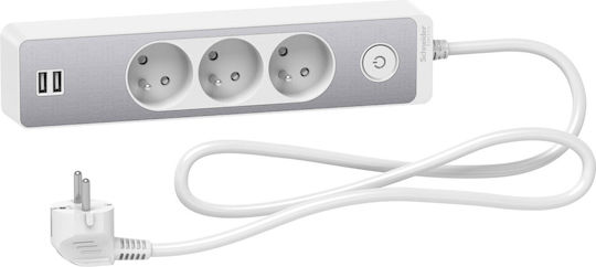 Schneider Electric Πολύπριζο 3 Θέσεων με 2 USB-A και Καλώδιο 1.5m Γκρι