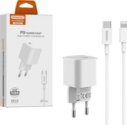 Somostel Φορτιστής με Θύρα USB-C και Καλώδιο USB-C - Lightning 20W Λευκός (SMS-Q10)