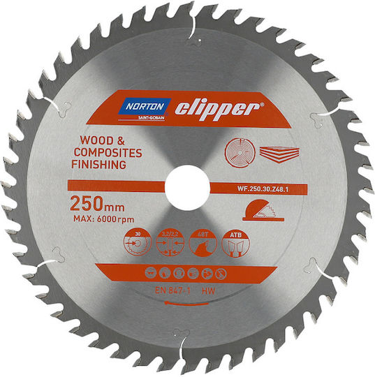 Norton Cutting Disc Wood Hole Diameter 250mm with 48 Teeth 1pcs
