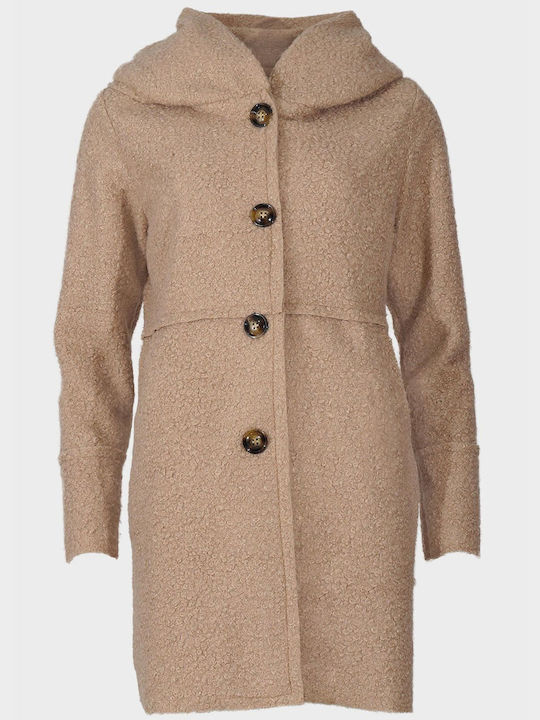G Secret Women's Short Half Coat with Buttons and Hood Sand