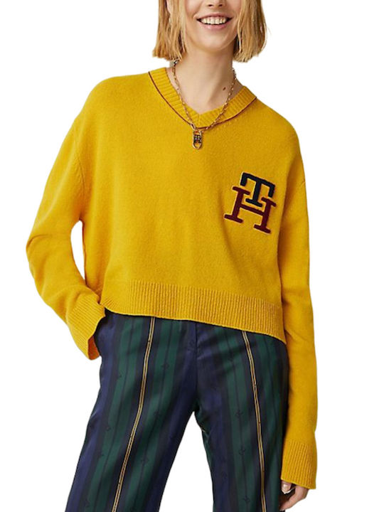 Tommy Hilfiger Damen Langarm Pullover Wolle mit V-Ausschnitt Yellow