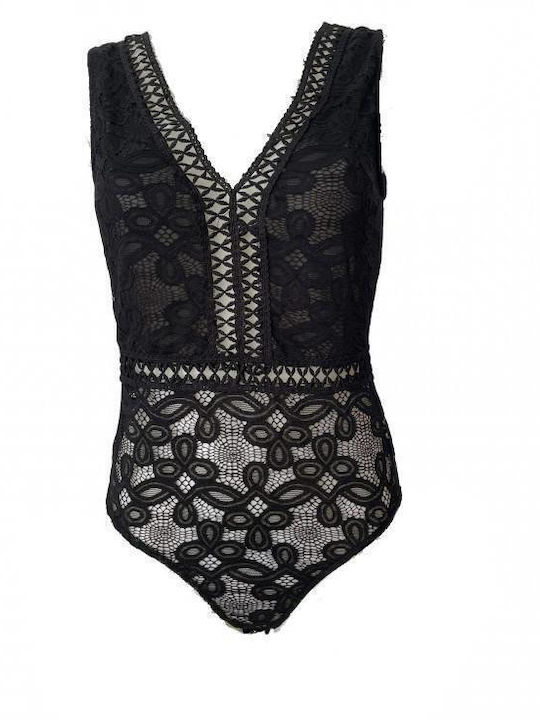 Modern Ocean Bodysuit with Mesh Black