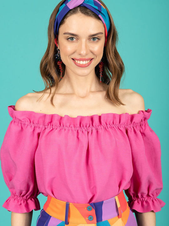 Women's Summer Blouse Linen Short Sleeve Fuchsia
