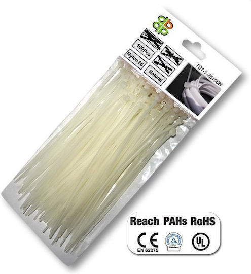 Bradas Δεματικά Καλωδίων Πλαστικά 250mmx4.8mm σε Λευκό χρώμα (100τμχ)