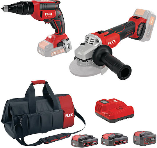 Flex CF8 DW-45 & L-125 Σετ Γωνιακός Τροχός & Κατσαβίδι Brushless 18V με 3 Μπαταρίες 2.5Ah - 5Ah και Θήκη