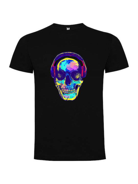 iLovePrints Neon Skull Dj Beats T-shirt Black Cotton