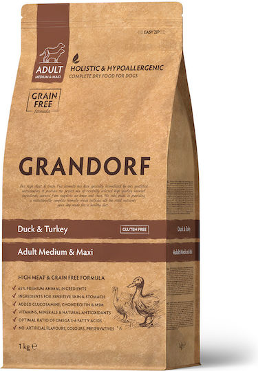 Grandorf Holistic & Hypoallergenic 1kg Dry Food Grain-Free & Gluten-Free for Adult Medium & Large Breed Dogs with Duck and Turkey