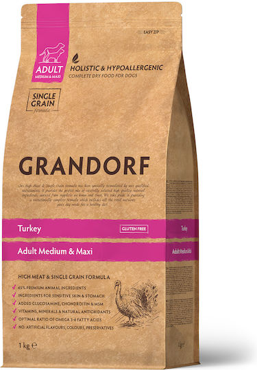Grandorf Holistic & Hypoallergenic 1kg Dry Food Gluten-Free for Adult Medium & Large Breed Dogs with Turkey