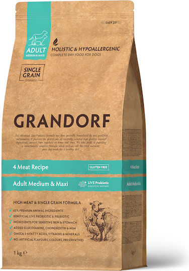Grandorf Holistic & Hypoallergenic 1kg Ξηρά Τροφή χωρίς Γλουτένη για Ενήλικους Σκύλους Μεσαίων & Μεγαλόσωμων Φυλών με Γαλοπούλα, Αρνί, Πάπια και Κουνέλι