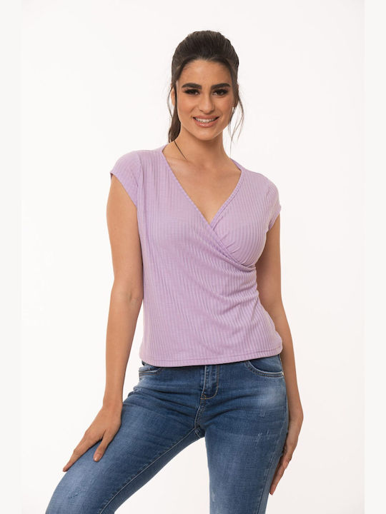 Boutique Damen Sommer Bluse Kurzärmelig mit V-Ausschnitt Flieder