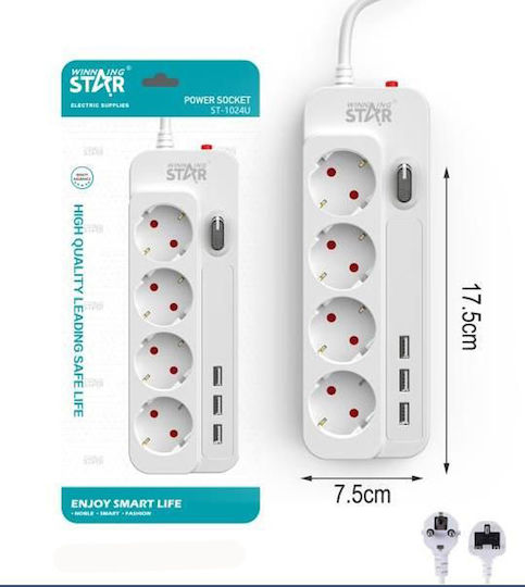 Winstar Захранваща лента Безопасност 3 Позиции с 3 USB-A