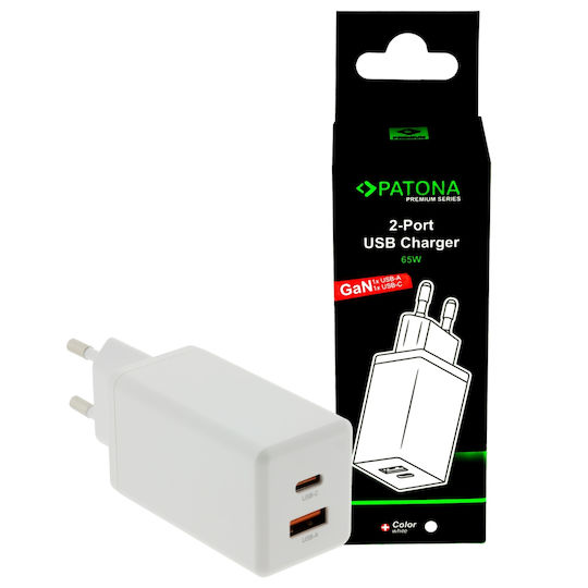 Patona Charger Without Cable with USB-A Port and USB-C Port 65W Power Delivery / Quick Charge 3.0 White (2644)