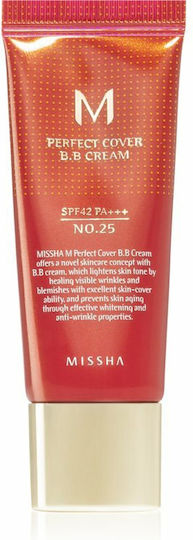 Missha Perfect Cover BB PA+++ No 25 Warm Beige Light Day Face Cream with SPF42 for Moisturizing & Blemishes with Hyaluronic Acid & Collagen 20ml