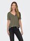 Only Women's Athletic Blouse Short Sleeve Fast Drying with V Neckline Green