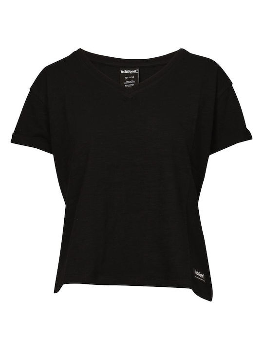 Body Action Damen Sportliche Bluse Kurzärmelig mit V-Ausschnitt Black