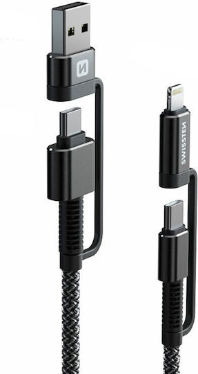 Swissten Braided Cablu USB la Lightning / Type-C cu mai multe porturi 3A Negru 1.5m (74501101)