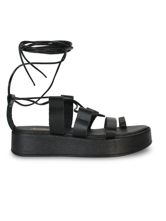 Fashion Beads Leather Women's Flat Sandals Anatomic Gladiator Flatforms in Black Color