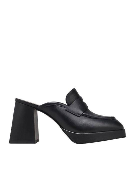 Leather Mules with Chunky High Heel in Black Color