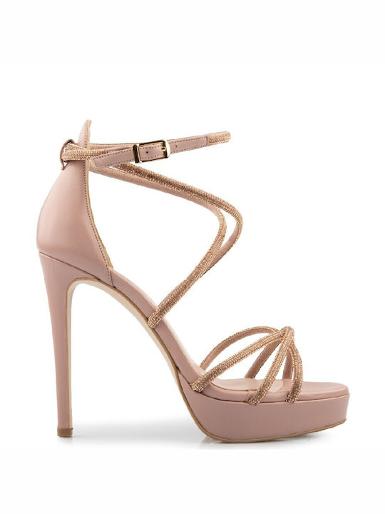 FM Platform Leather Women's Sandals Pink with High Heel