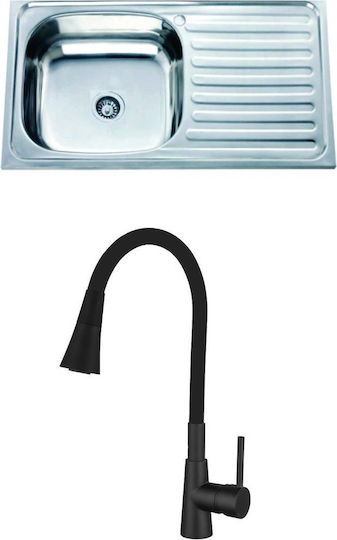 Inter Ceramic Havana Black Вграден Кухненски Мивка Вдясно Inox със Смесител Дължина 75xШирина 40см Сребрист