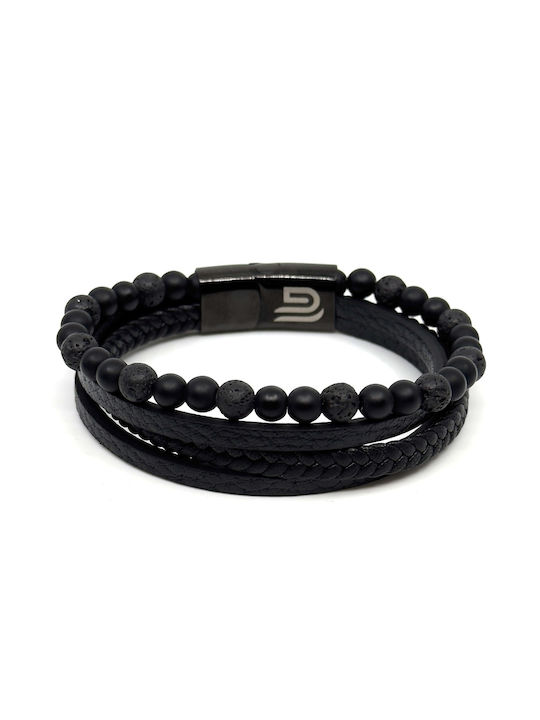 Black Leather Bracelet made of Stainless Steel with Volcanic Stones