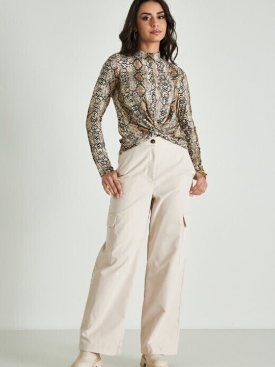 Cento Fashion Γυναικείο Υφασμάτινο Cargo Παντελόνι σε Κανονική Εφαρμογή Μπεζ