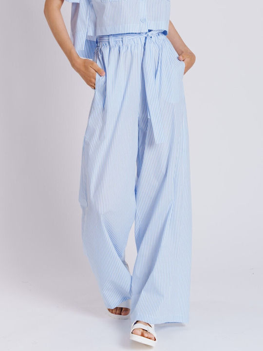 Collectiva Noir Women's High-waisted Cotton Trousers with Elastic Striped Light Blue