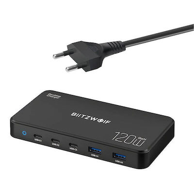 BlitzWolf Stație de încărcare cu 2 porturi USB-A și 3 porturi USB-C 120W Livrarea energiei / Încărcare rapidă 3.0 în culoarea Negru (BW-i100)