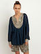 Greek Archaic Kori Damen Bluse Baumwolle Langärmelig mit V-Ausschnitt Navy Blue