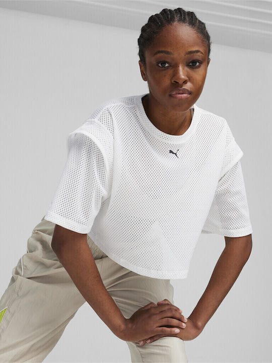 Puma Fit Γυναικείο Crop T-shirt με Διαφάνεια Λευκό