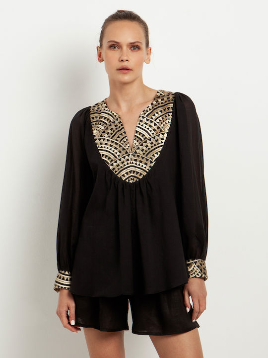 Greek Archaic Kori Damen Bluse Baumwolle Langärmelig mit V-Ausschnitt Black/Gold