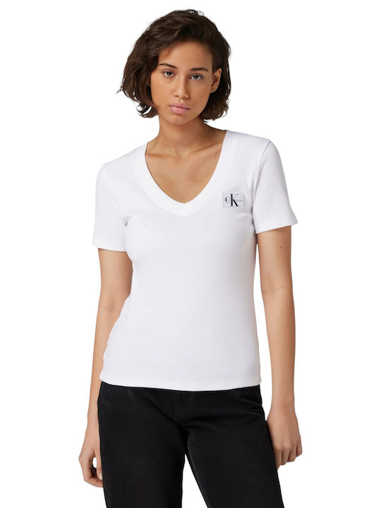 Calvin Klein Damen Bluse Kurzärmelig mit V-Ausschnitt White
