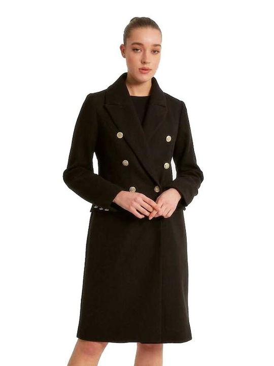 Women's Midi Coat with Buttons Black