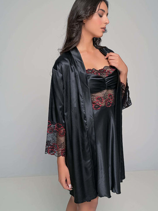 Milena by Paris Winter Satin Women's Nightdress Black